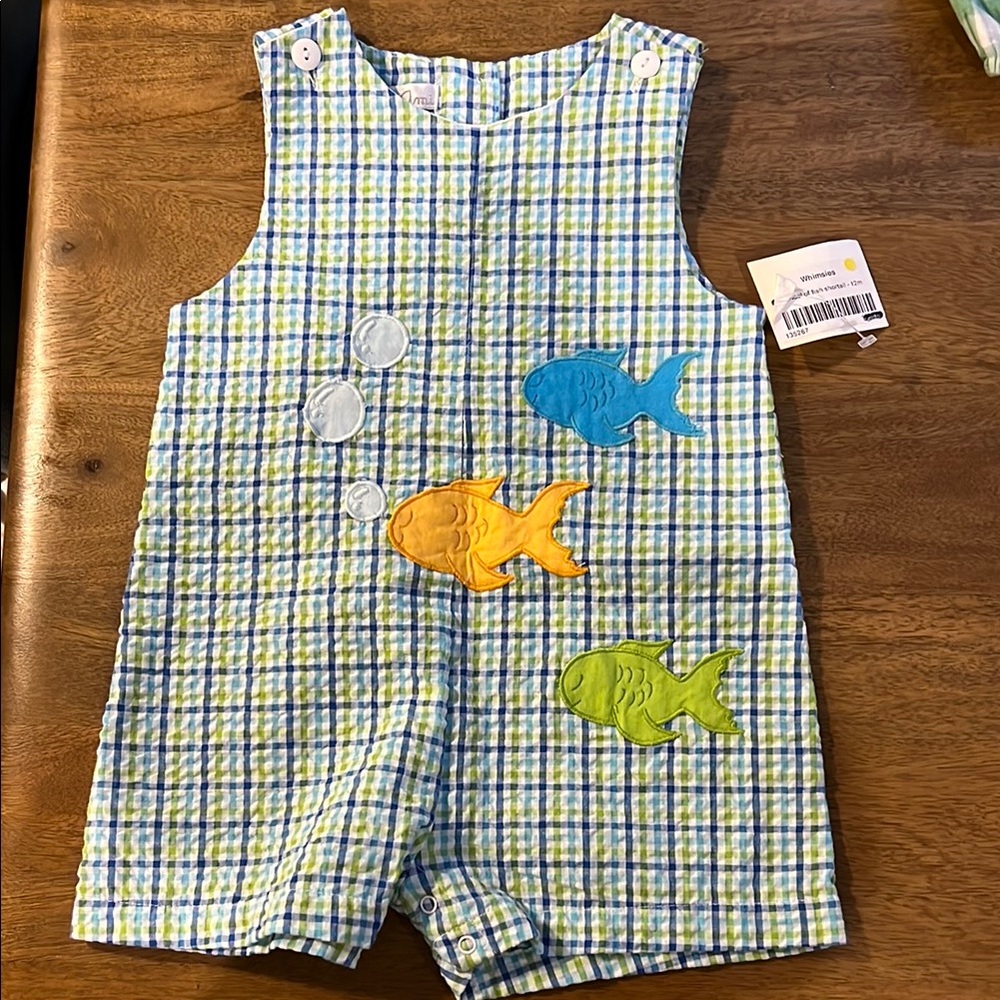 Baby Blue Checkered Romper with Fish Appliqué